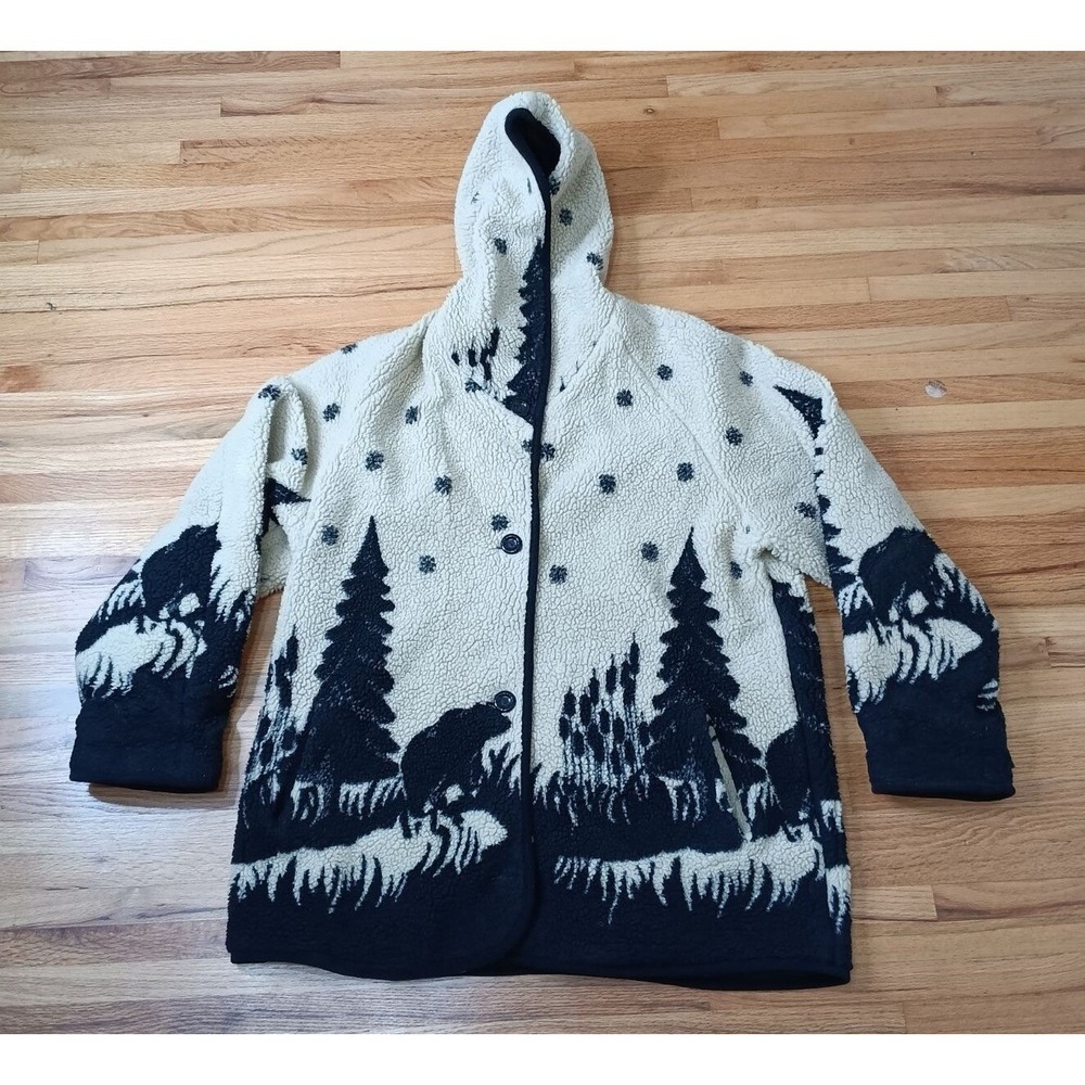 Hoodie 90s Outbrook Women's XXL Beige Bear Print Long Forest Button Detail‎